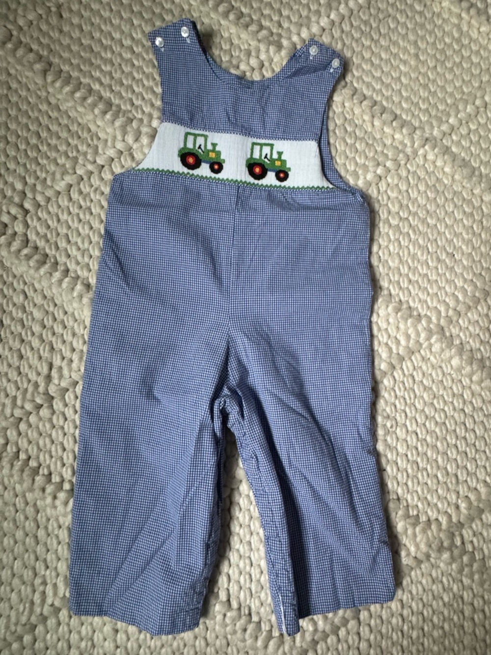 Blue Gingham Overalls/Romper with Smocked Green Tractors - Size 2